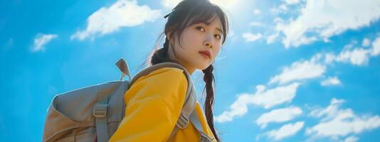 Cheerful Korean University Student with Backpack Walking on Azure Sky Campus photo