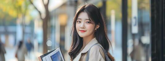 Cheerful Korean University Student Smiling and Holding Book on Urban Street photo