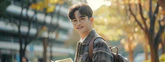 Cheerful Korean University Student Holding Book in Autumn Campus Setting photo