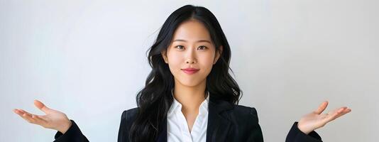 Confident and Stylish Asian Businesswoman in Modern Corporate Attire on White Background photo