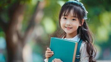 Cheerful young Korean girl holding book and smiling at in nature setting photo