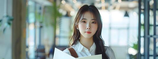 Confident and Cheerful Korean University Student Holding Book on Campus photo
