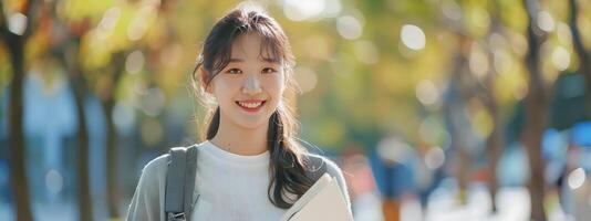 Cheerful Korean University Student Smiling and Holding Book Outdoors photo