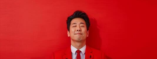 Confident Asian Businessman Exuding Joy and Positivity on Red Commercial Background photo
