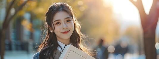 Confident and Stylish University Student Holds Book Smiles Brightly Outdoors photo