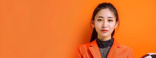 Confident Asian Businesswoman Holding Football on Vibrant Orange Background in Neo Pop Aesthetic photo