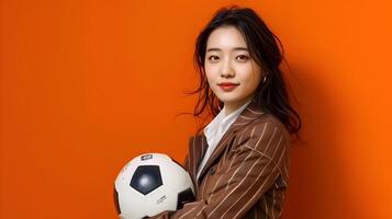 Confident Asian Businesswoman Holding Football on Vibrant Orange Background in Neo Pop Style photo