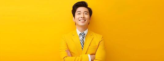 Confident Asian Businessman Smiling Proudly In Modern Neo Pop Style Corporate Portrait photo