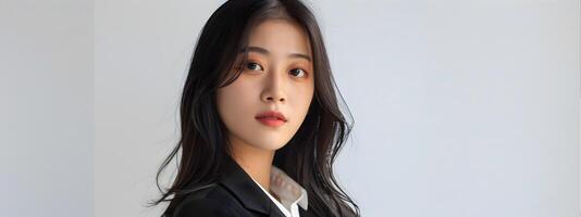 Confident Asian Businesswoman in Modern Costume Gazing at Against White Background photo