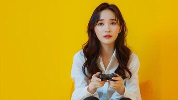 Confident Asian Businesswoman Playing Game on Yellow Studio Background photo