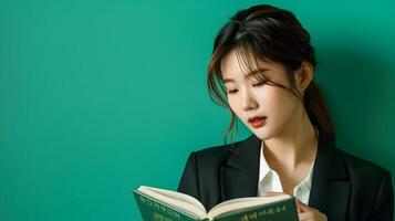 Confident Asian Businesswoman Reading on Green Background photo