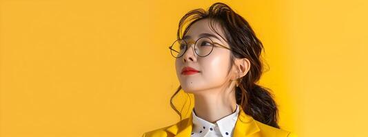 Confident Asian Businesswoman Studying on Vibrant Yellow Background in Neo Pop Styling photo