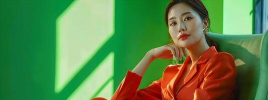 Confident Asian Businesswoman Relaxing in Modern Neo Pop Inspired Attire photo