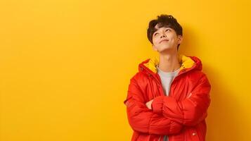 Confident Asian Idol in Stylish Costume Posing on Yellow Studio Background photo