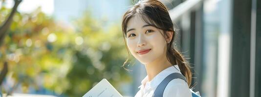 Confident Asian University Student Smiling While Holding a Book photo