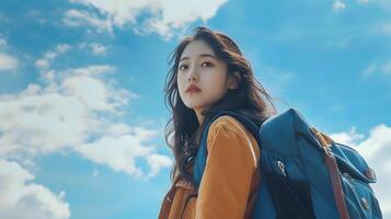 Confident Asian University Student Walks to Campus Under Bright Sky photo