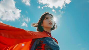 Confident Hallyu University Student Superhero with Flowing Red Cape in Azure Sky photo