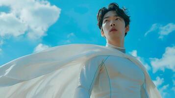 Confident Korean University Student Superhero in Stylish Neo Pop Costume with Flowing Cape Against Vibrant Sky photo