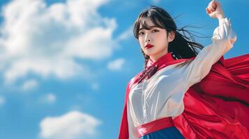 Confident Korean Superhero Woman with Flowing Red Cape in Dramatic Azure Sky photo