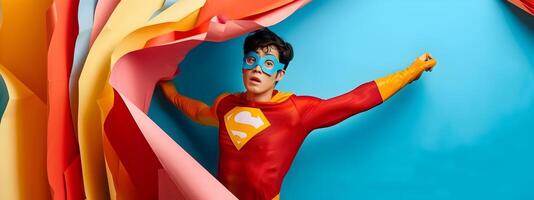 Confident Korean Superhero Breaks Through Colorful Paper Wall photo