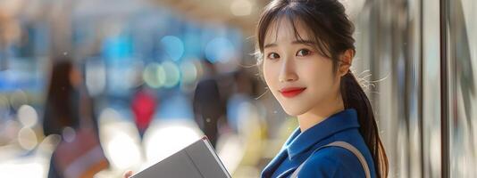 Confident Korean University Student Holding Book with Joyful Smile on City Street photo