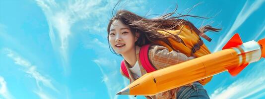 Confident Korean University Student Soaring on Pencil Rocket into the Boundless Azure Sky photo