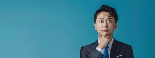 Contemplative Asian Businessman Ponders Question on Blue Studio Backdrop photo