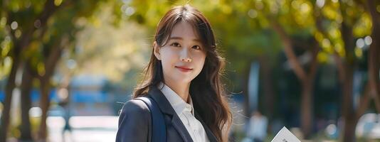 Confident Korean University Student Smiling and Holding Book Outdoors photo