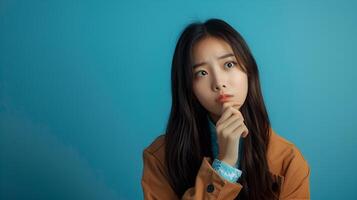 Contemplating Asian Businesswoman in Neo Pop Styled Portrait on Blue Background photo