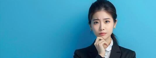 Contemplative Asian Businesswoman Pondering with Question Mark on Blue Background photo
