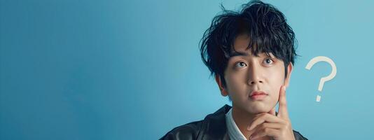 Contemplative Asian Hallyu Boy with Question Mark on Blue Background in Neo Pop Style photo