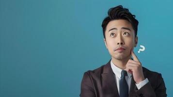 Contemplative Asian Businessman Pondering with Hand on Chin in Blue Studio Setting photo