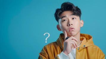 Contemplative Asian Hallyu Boy Pondering with Question Mark on Blue Background photo