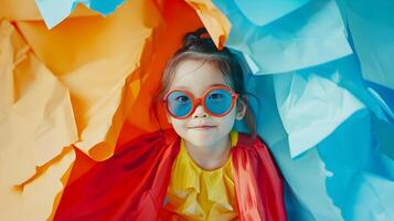 Cute 5 Year Old Korean Hallyu Girl Superhero Breaking Through Colorful Paper Wall in Neo Pop Style photo