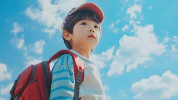 Cute Korean Hallyu Boy with Backpack Walking to School on Azure Sky photo