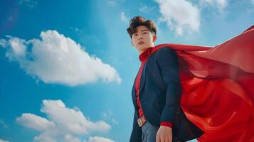 Cute Korean University Man Superhero Waving Red Cape on Azure Sky in Neo Pop Style photo