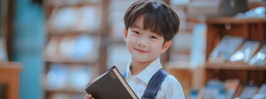 Cute Smiling Asian Boy Holding Book in Modern Neo Pop Style photo