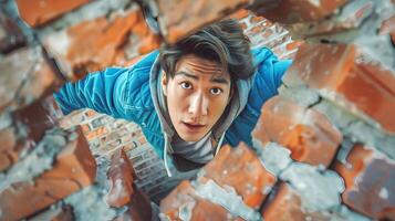 Daring University Man Superhero Bursts Through Brick Wall in Neo Pop Inspired Costume photo