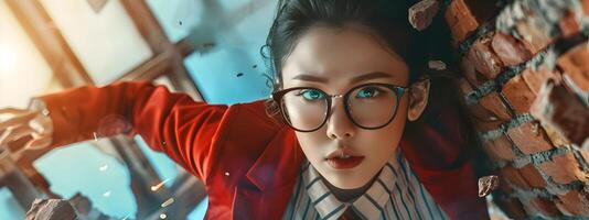 Determined Asian University Student Superhero Breaking Through Brick Wall in Vibrant Pop Art Style photo