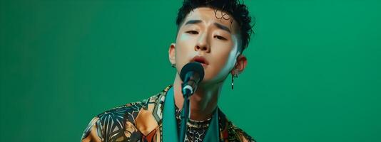 Electrifying Asian Hallyu Boy Performer Singing on Vibrant Green Stage with Modern Costume photo