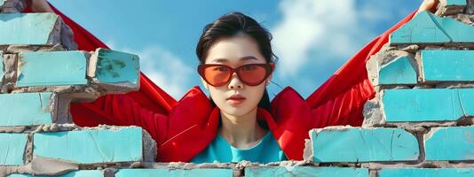 Empowered Asian University Student Superhero Breaks Through Brick Wall in Neo Pop Style photo