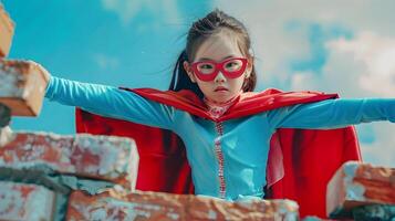 Empowered Young Superhero Breaks Through Brick Wall in Stylized Digital photo