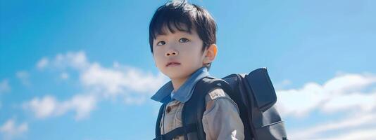 Energetic Asian Schoolboy Walks to Class with Backpack Against Bright Sky photo