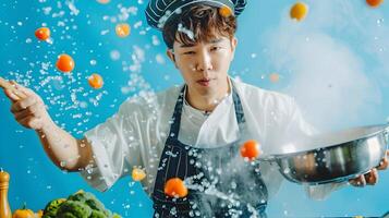 energético asiático hallyu cocinero Cocinando con moderno estilo y vibrante colores foto