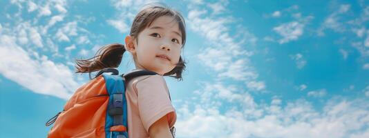 Energetic young Asian girl walking to school in stylish modern costume on azure sky backdrop photo