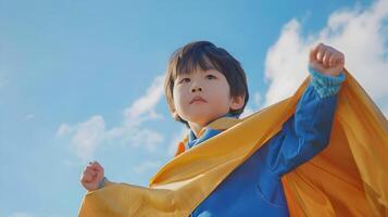 Energetic Young Korean Superhero with Flowing Cape in Vibrant Azure Sky photo