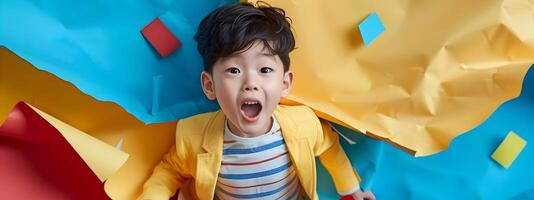Energetic Young Korean Superhero Breaks Through Colorful Paper Wall in Neo Pop Style photo