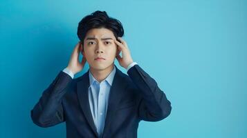 Exhausted Asian Businessman in Modern Neo pop Commercial Style Attire photo