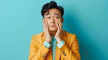 Exhausted Asian Businessman Feeling Stressed and Worried on Colorful Blue Background photo