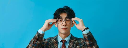 Exhausted asian businessman with glasses feeling stressed on blue studio backdrop photo